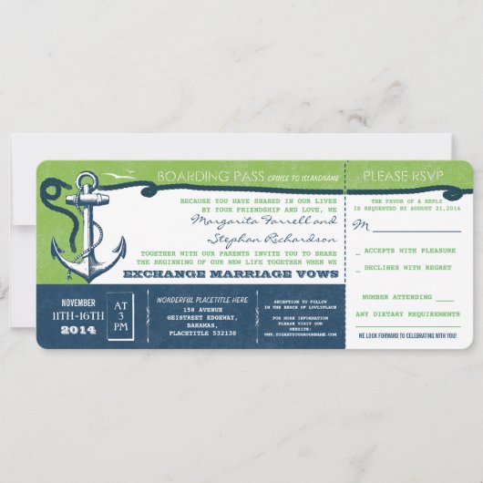 Wedding Boarding Pass- tickets met RSVP Kaart (Voorkant)