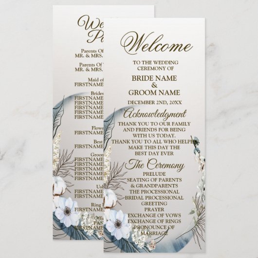 Wedding Boho White Orchid Flowers Blue Moon Party Programma (Voorkant / Achterkant)