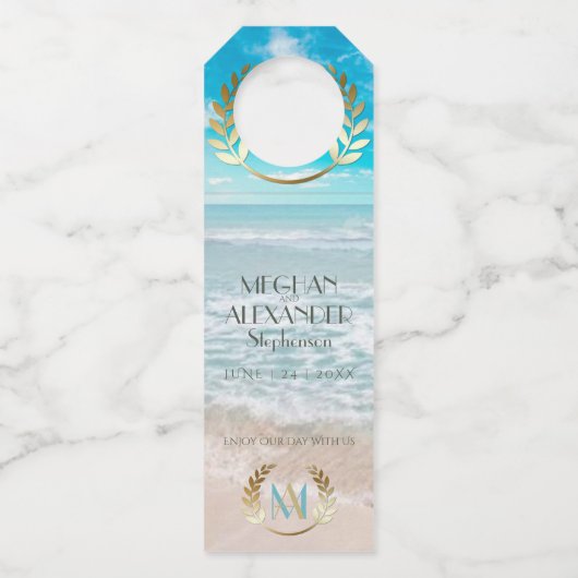 Wedding Bottle Hanger | Modern monogram strand (Voorkant)