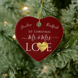 Wedding Burgandy Red Heart kerstnaam Mr Mrs. Keramisch Ornament