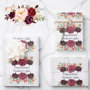 Wedding Burgundy Rozen Personalize Names 3 Damask Inpakpapier Vel