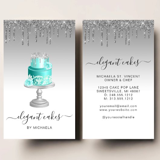 Wedding Cake Glitter Drip Silver Turquoise Bakery Visitekaartje