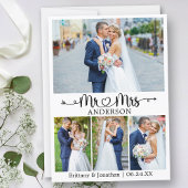 Wedding Calligraphy Heart Mr. and Mrs. 4 Photo Bedankkaart