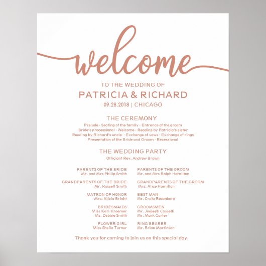 Wedding Ceremony Program Board Roos Gold Poster (Voorkant)