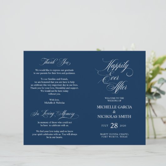 Wedding Ceremony Program Classic Elegance Navy (Staand voorkant)