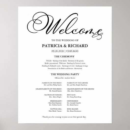 Wedding Ceremony Program Elegant Calligraphy Poster (Voorkant)