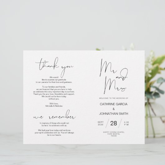 Wedding Ceremony Program, Modern Minimalist Black (Staand voorkant)