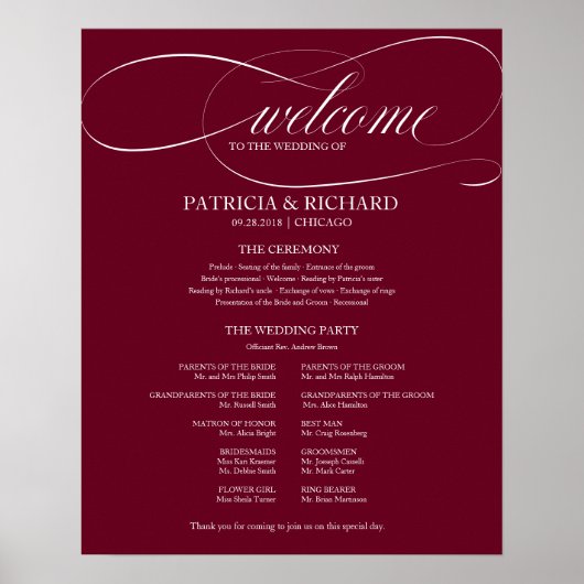 Wedding Ceremony-programma Burgundy Marsala Poster (Voorkant)