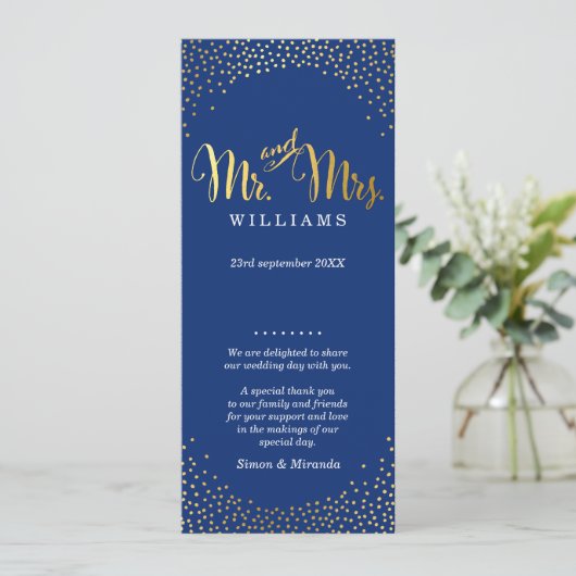 WEDDING CEREMONY PROGRAMMA mini gold confetti navy (Staand voorkant)