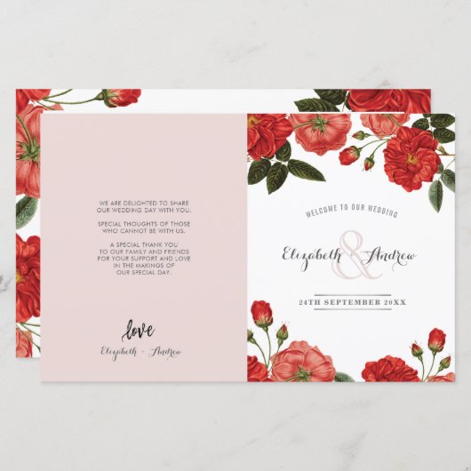 WEDDING CEREMONY PROGRAMMA  rode rozen floraal (Voorkant / Achterkant)