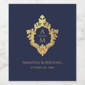 Wedding Crest Navy Blue Faux Gold Elegant Monogram Wijn Etiket (Enkel label)