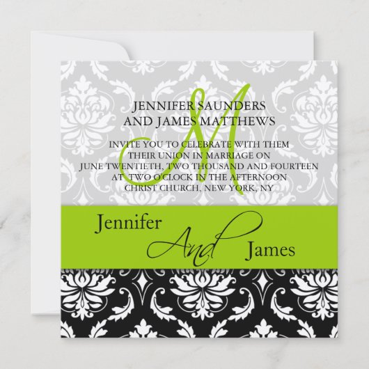 Wedding Damask Monogram Names Green Invitation Kaart (Voorkant)