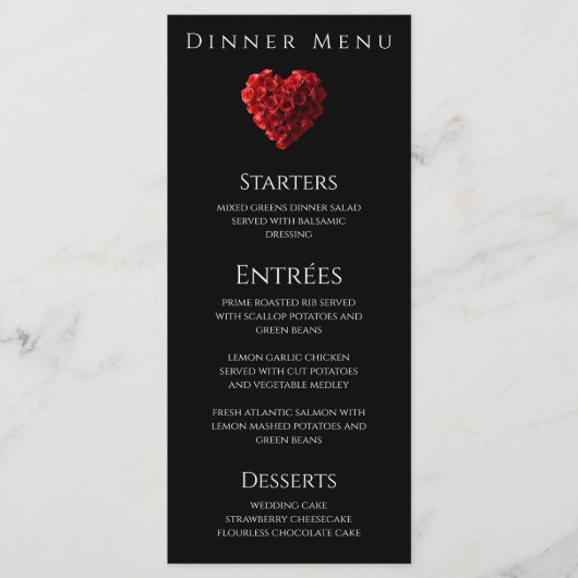 Wedding Dinner and Bar Menu-Heart Shaped Red Roses Menu (Voorkant)