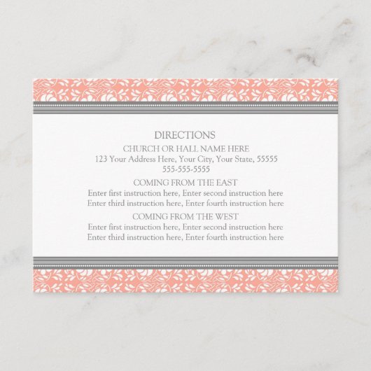 Wedding Direction Cards Coral Grey Damask Informatiekaartje (Voorkant)