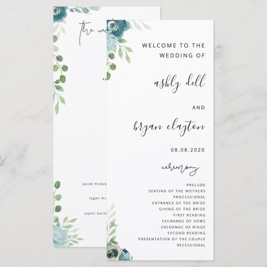 Wedding Dusty Bule Floral Programma (Voorkant / Achterkant)