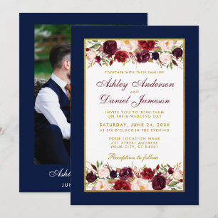 Wedding Elegant Burgundy Floral Foto Blue Gold Kaart