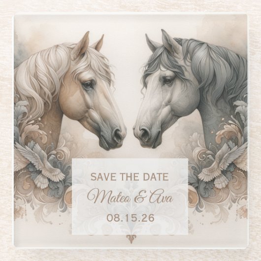 Wedding Elegant Horses Save the Date Onderzetter Glazen Onderzetter (Voorkant)