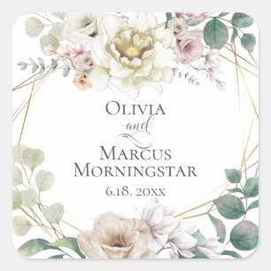 Wedding Elegant Ivory Blush Magnolias Peonies Vierkante Sticker