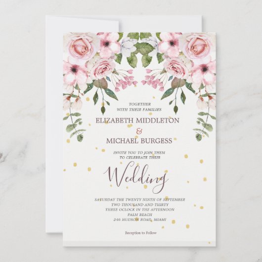 Wedding Elegant Pink Floral Foliage Kaart (Voorkant)