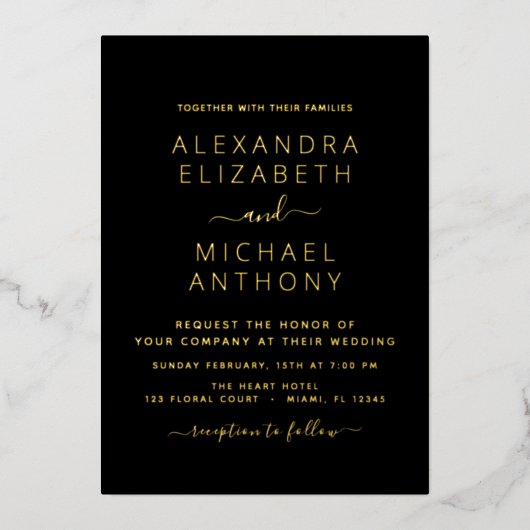 Wedding Elegant Romantic Black Gold Folie Uitnodiging (Voorkant)