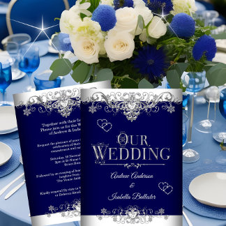 Wedding Elegant Royal Blue Silver Diamond Hearts Kaart