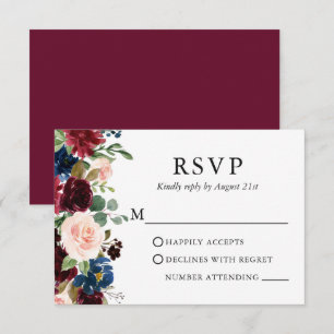 Wedding Elegant Waterverf Burgundy Blue Floral RSVP Kaartje