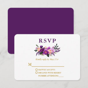Wedding Elegant Waterverf Paars Floral Gold RSVP Kaartje