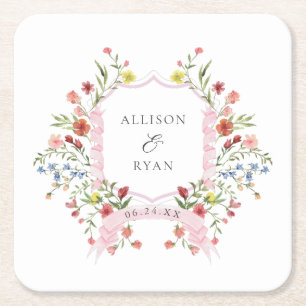 Wedding Fantasievolle Tuin Crest Monogram Vierkante Kartonnen Onderzetter