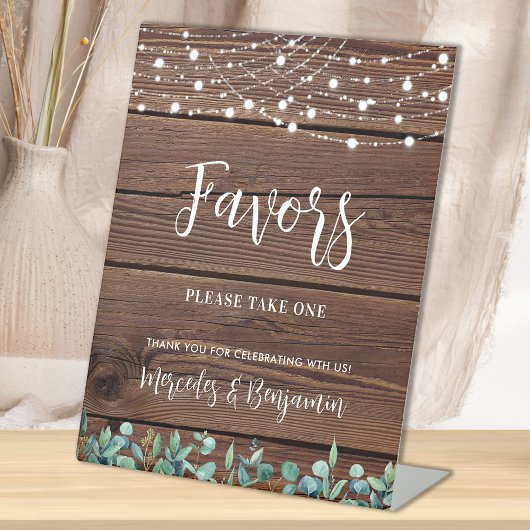 Wedding Favors Rustic Wood Greenery String Lights Reclamebord Met Voetstuk