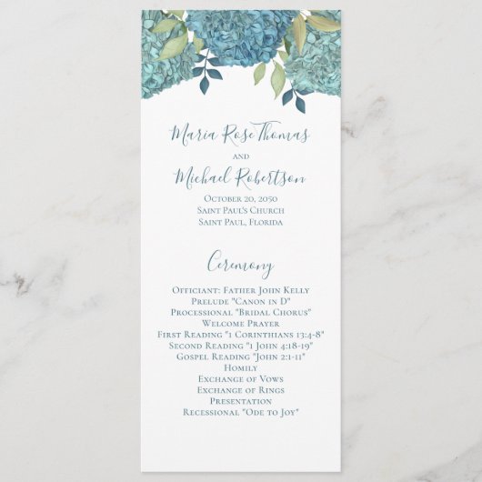 Wedding Floral Blue Hydrangea Ceremony Programme Programma (Voorkant)