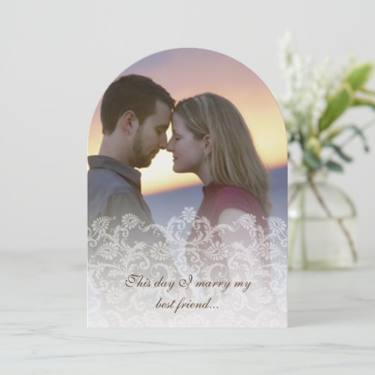 Wedding Foto Lace Damask-uitnodigingen Kaart (Staand voorkant)