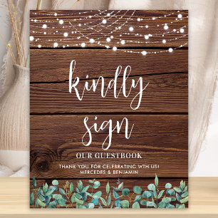 Wedding Guest Rustic Wood Greenery String Lights Poster
