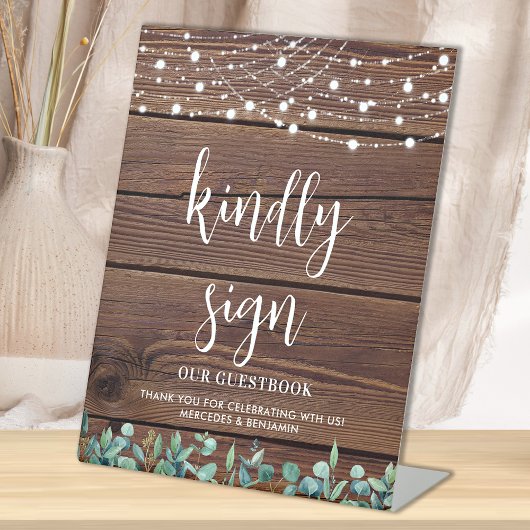 Wedding Guest Rustic Wood Greenery String Lights Reclamebord Met Voetstuk