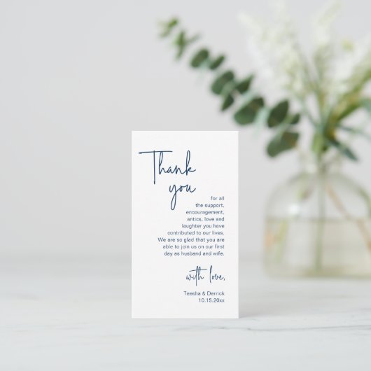 Wedding Hartelijk dank, modern Navy Blue Script Informatiekaartje (Staand voorkant)