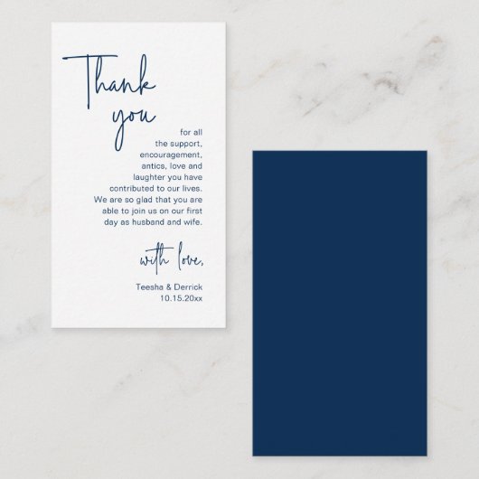 Wedding Hartelijk dank, modern Navy Blue Script Informatiekaartje (Voorkant / Achterkant)