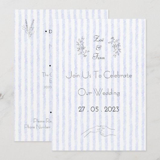 Wedding Invitation (12,7 cm x 17,8 cm) - Blue Stri (Devant / Derrière)
