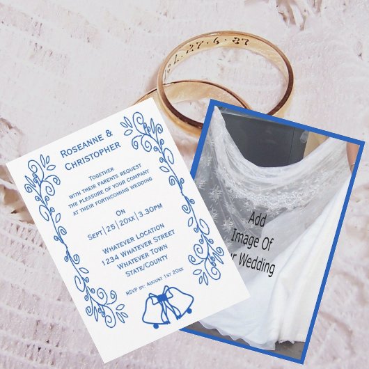 Wedding Invitation Blue Sapphire Bells Scrollwork Kaart