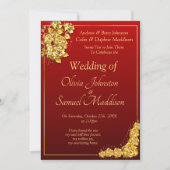 Wedding Invitation Gold Rose Flowers Maroon Red  Kaart (Voorkant)