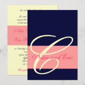 Wedding Invitation Monogram Names Pink, Ivoorkust Kaart (Voorkant / Achterkant)