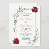 Wedding Invitation, red rose  Gold  (Voorkant / Achterkant)