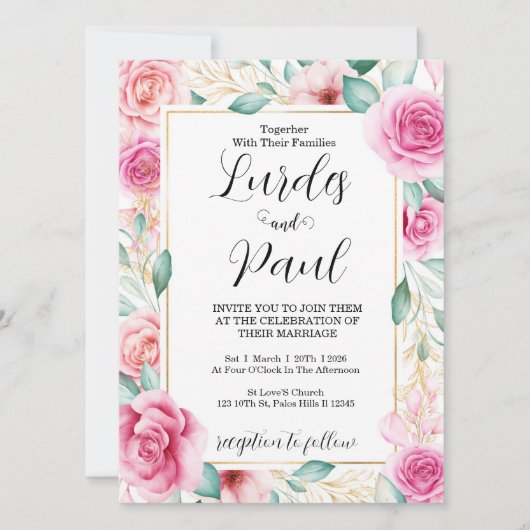  Wedding invitation Roses Pink Kaart (Voorkant)