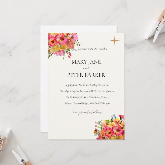 Wedding Invitation Watercolour floral rustic (Devant/Arrière en situation)