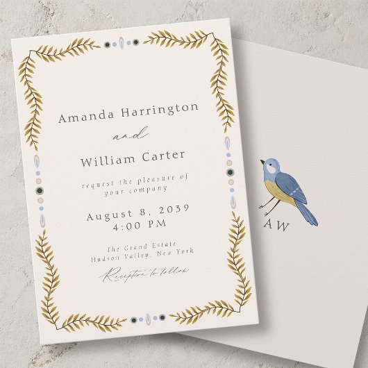 Wedding Invitation with Botanical Frame & Bird
