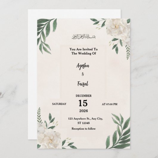 Wedding Invitation with Elegant Greenery and White Programma (Voorkant / Achterkant)