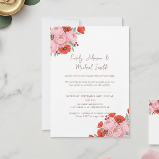 Wedding Invitation with Peonies and Poppies