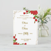 Wedding invitations adorned with red roses are in  kaart (Staand voorkant)