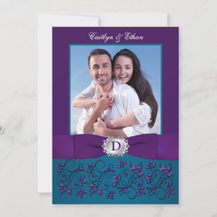 Wedding Invite   Blauwgroen, Paarse Floral   Foto Kaart