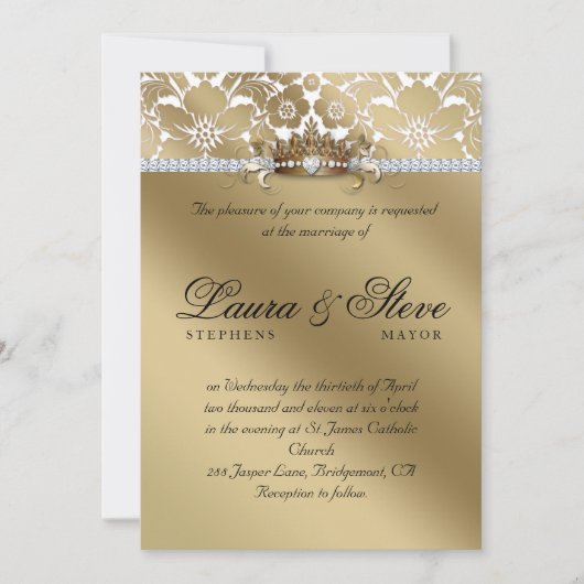Wedding Invite Damask Floral Gold Crown Kaart (Voorkant)
