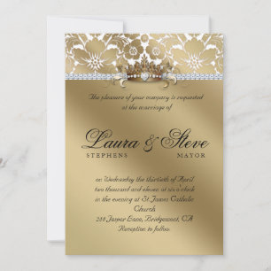 Wedding Invite Damask Floral Gold Crown Kaart