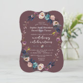 Wedding Invite | Dusty Blue Floral Wreath Maroon Kaart (Staand voorkant)